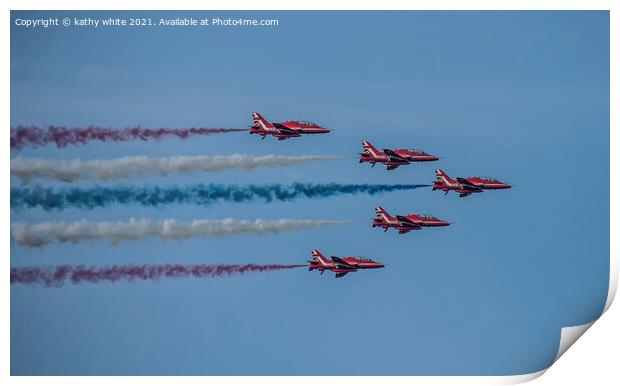 Red arrows in a cornish sky,smoke trails,  Print by kathy white