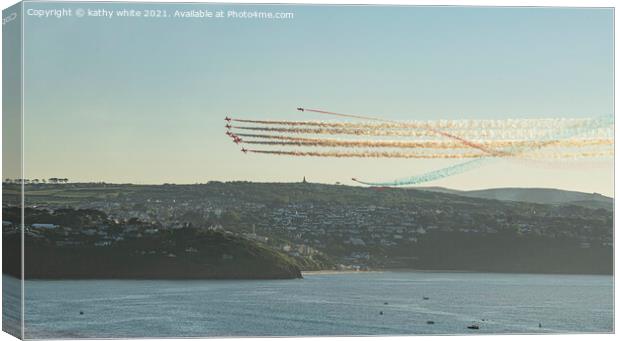 Red arrows in a cornish sky,smoke trails, St Ives Canvas Print by kathy white