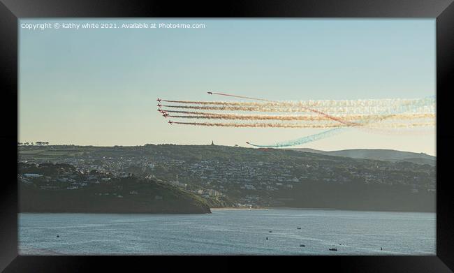 Red arrows in a cornish sky,smoke trails, St Ives Framed Print by kathy white