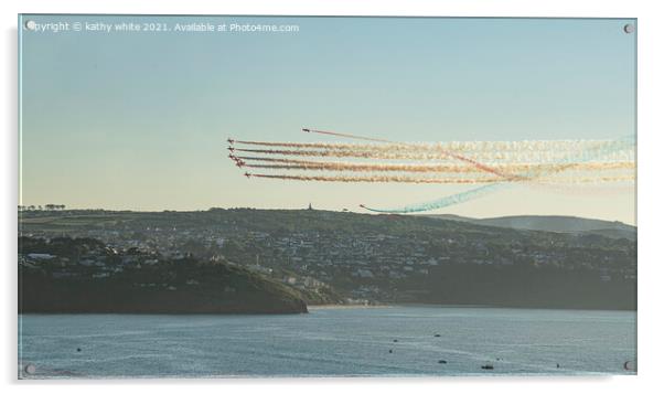 Red arrows in a cornish sky,smoke trails, St Ives Acrylic by kathy white