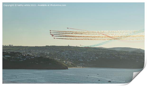Red arrows in a cornish sky,smoke trails, St Ives Print by kathy white