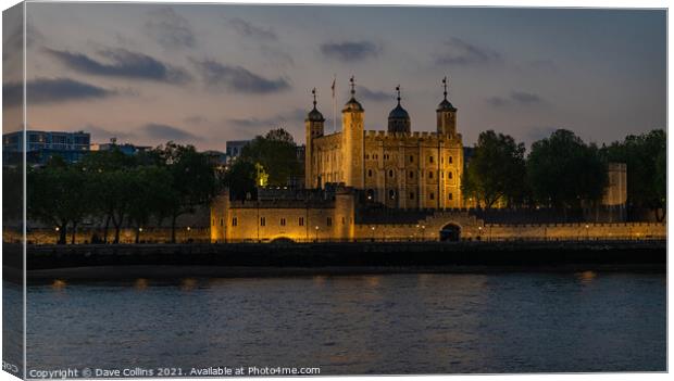 Tower of London Illuminated at dusk from the south bank walkway by Tower Bridge Canvas Print by Dave Collins