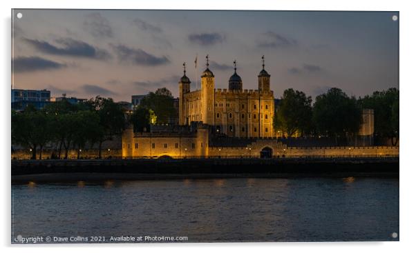 Tower of London Illuminated at dusk from the south bank walkway by Tower Bridge Acrylic by Dave Collins