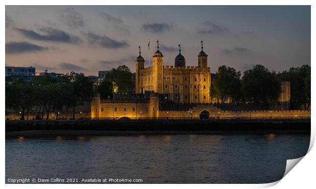 Tower of London Illuminated at dusk from the south bank walkway by Tower Bridge Print by Dave Collins