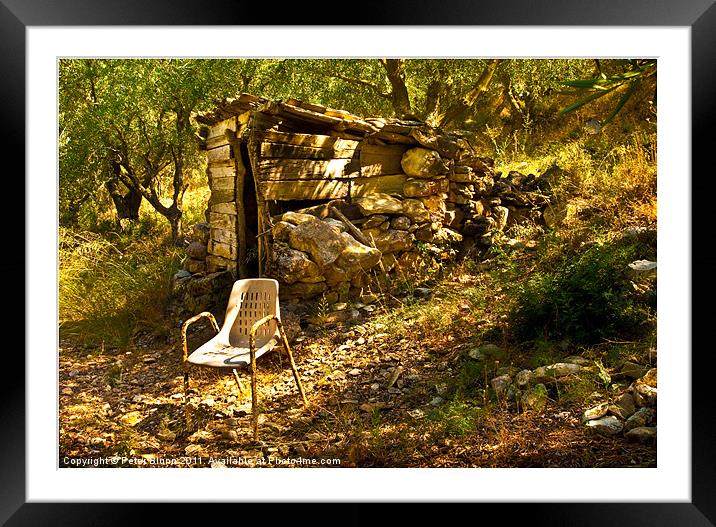 Olive Grove Shelter & Rusty Chair Framed Mounted Print by Peter Blunn