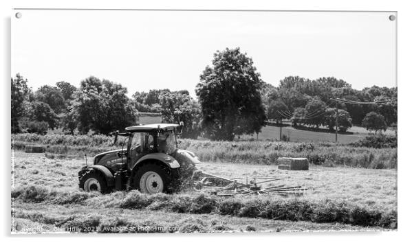 Tractor lining up the hey ready to bale in black and white Acrylic by Ollie Hully