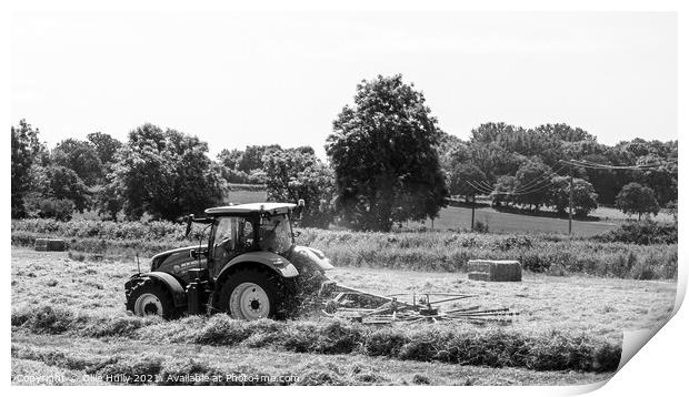 Tractor lining up the hey ready to bale in black and white Print by Ollie Hully