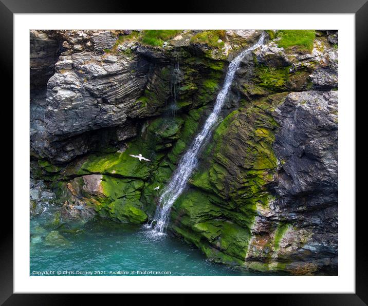Waterfall at Tintagel Castle in Cornwall, UK Framed Mounted Print by Chris Dorney
