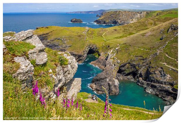 Beautiful View from Tintagel Castle in Cornwall, UK Print by Chris Dorney