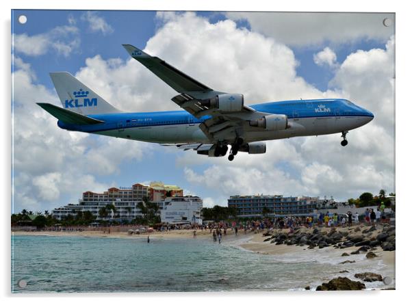 Boeing 747 landing over Maho beach Sint Maarten Acrylic by Allan Durward Photography
