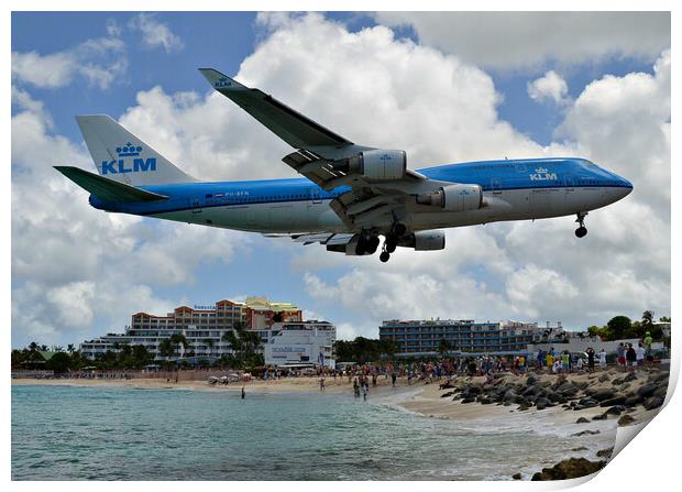 Boeing 747 landing over Maho beach Sint Maarten Print by Allan Durward Photography