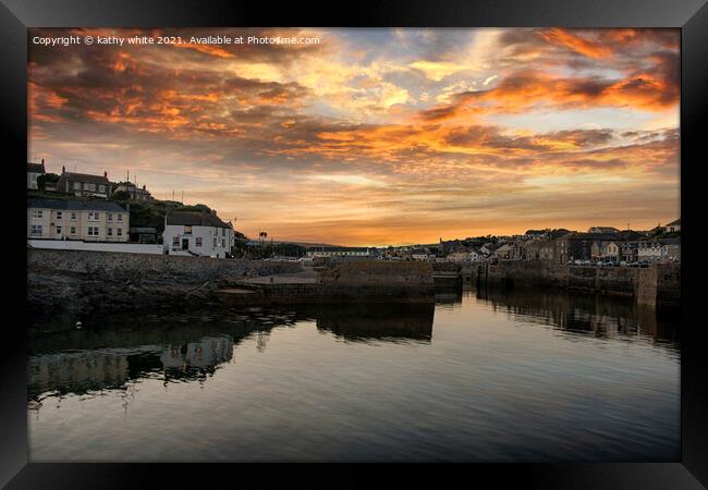 Majestic Sunset over Porthleven Harbour Framed Print by kathy white