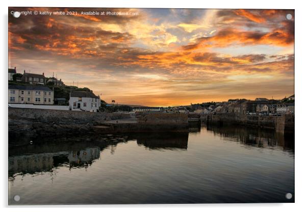 Majestic Sunset over Porthleven Harbour Acrylic by kathy white