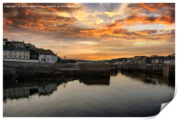 Majestic Sunset over Porthleven Harbour Print by kathy white