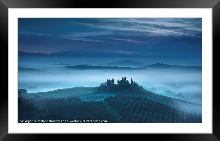 Blue Morning in Val d'Orcia. Tuscany Framed Mounted Print by Stefano Orazzini