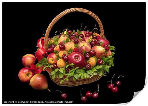 Basket with fresh fruits and berries on a black background Print by Dobrydnev Sergei