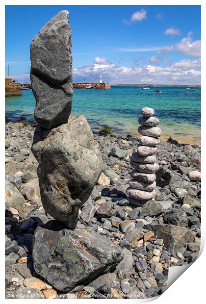 Rock Balancing at St. Ives in Cornwall, UK Print by Chris Dorney