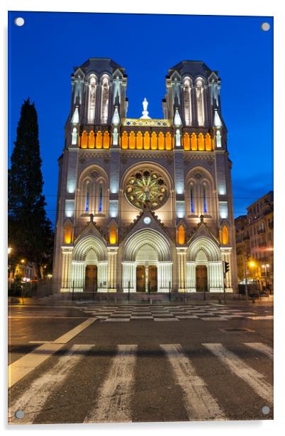 Basilica of Notre Dame de Nice at Night in France Acrylic by Artur Bogacki