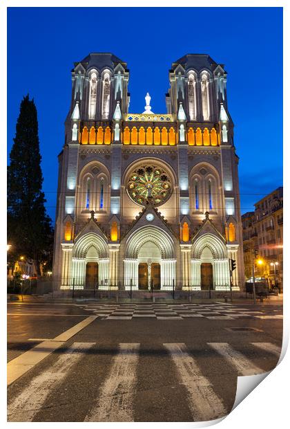Basilica of Notre Dame de Nice at Night in France Print by Artur Bogacki