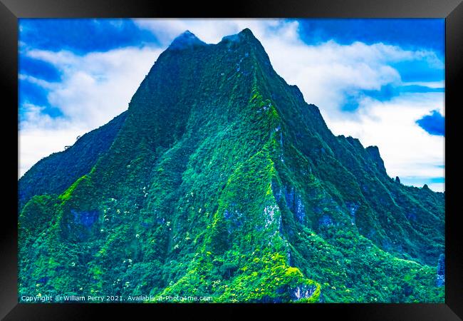 Colorful Mount Rotui Second Highest Mountain Moorea Tahiti Framed Print by William Perry