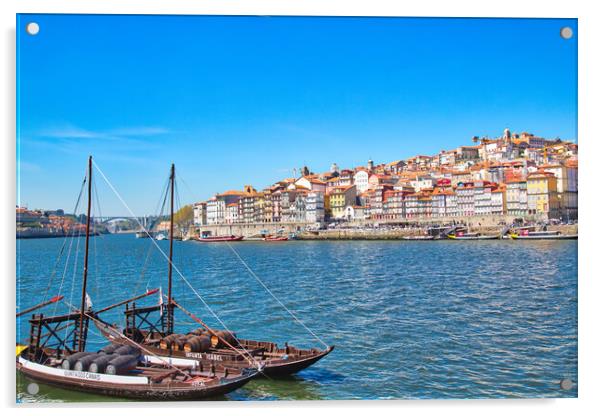 Famous colorful boats providing tours along banks of Rio Douro Acrylic by Elijah Lovkoff