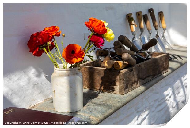 Flowers and Gardening Tools Print by Chris Dorney