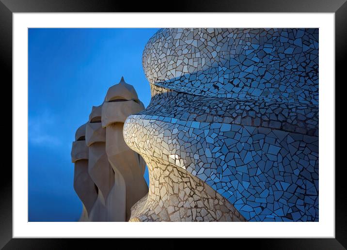Famous Antonio Gaudi work, Casa Mila, La Pedrera, building. Landmark sculptures on the rooftop of Casa Mila. Framed Mounted Print by Elijah Lovkoff