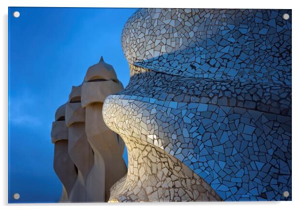 Famous Antonio Gaudi work, Casa Mila, La Pedrera, building. Landmark sculptures on the rooftop of Casa Mila. Acrylic by Elijah Lovkoff