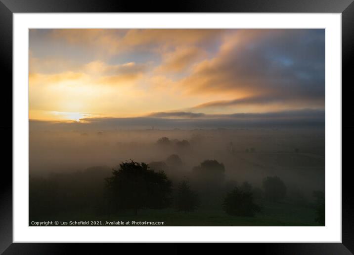 Misty Sunrise on The Somerset Levels  Framed Mounted Print by Les Schofield