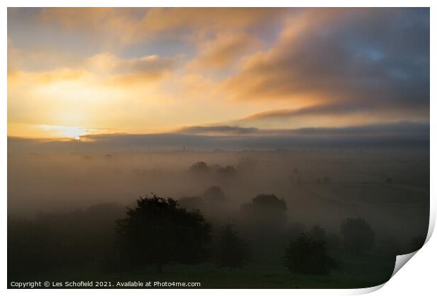 Misty Sunrise on The Somerset Levels  Print by Les Schofield