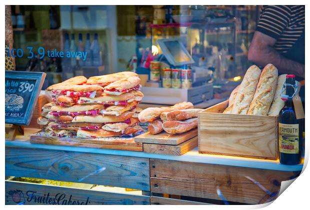 Famous Spanish jamon sandwich sold at the streets of Granada historic city center Print by Elijah Lovkoff