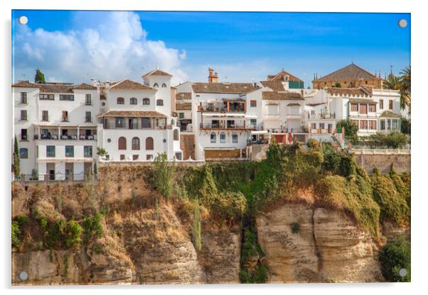 Famous Ronda restaurants and colonial houses overlooking the scenic gorge and the Puente Nuevo bridge Acrylic by Elijah Lovkoff