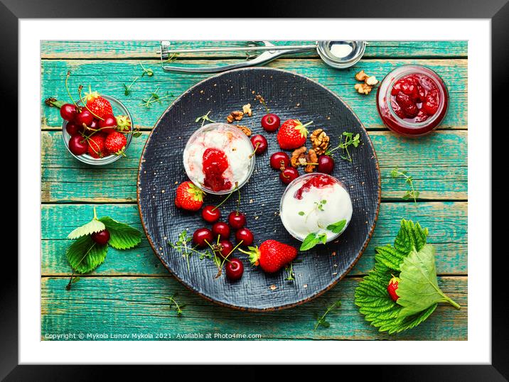 Tasty ice cream with berries and jam,rustic wooden background Framed Mounted Print by Mykola Lunov Mykola