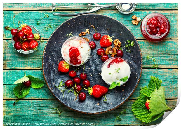 Tasty ice cream with berries and jam,rustic wooden background Print by Mykola Lunov Mykola
