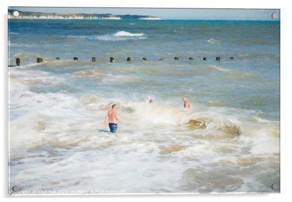 People in Rough Sea Breakers Acrylic by Allan Bell