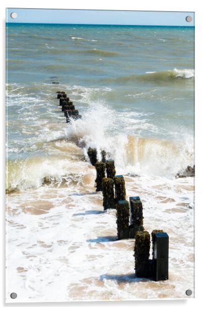 Waves Breaking on Groynes Acrylic by Allan Bell