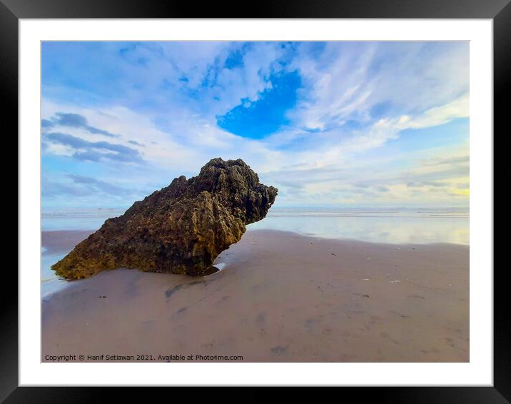 Rocky bird sitting on sand beach and looks to the  Framed Mounted Print by Hanif Setiawan