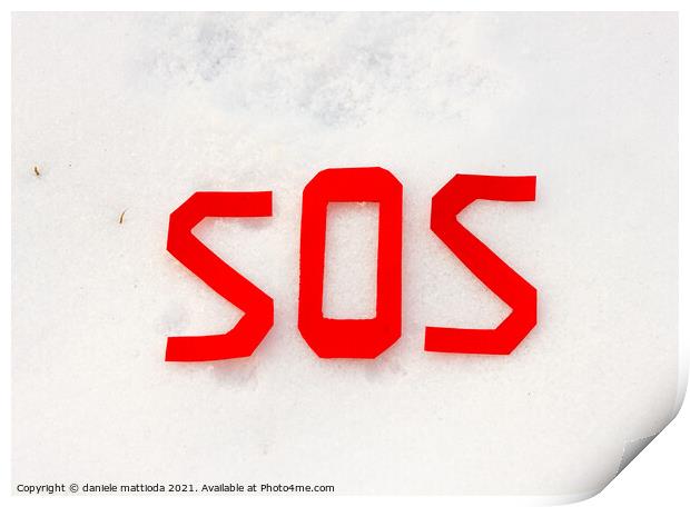the word sos on a snowfield Print by daniele mattioda