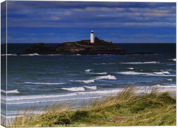 Carbis bay Lighthouse Cornwall  Canvas Print by Les Schofield