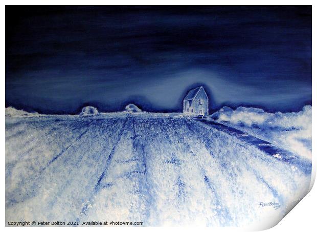 Abstract oil painting available as prints.  Ancient chapel at Bradwell, Essex  Print by Peter Bolton