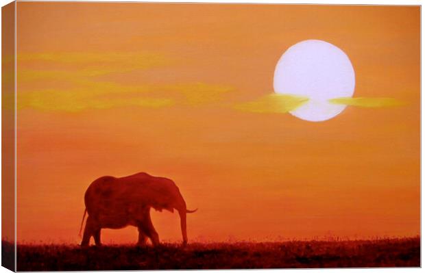 Painting by Peter Bolton, 2003. Elephant at sunset. Now available as prints. Canvas Print by Peter Bolton