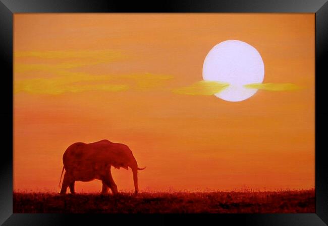 Painting by Peter Bolton, 2003. Elephant at sunset. Now available as prints. Framed Print by Peter Bolton