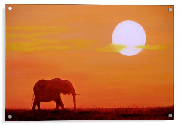 Painting by Peter Bolton, 2003. Elephant at sunset. Now available as prints. Acrylic by Peter Bolton