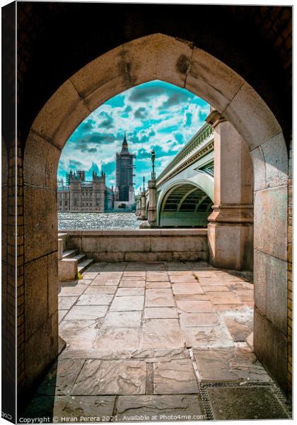 Archway view of Big Ben and Westminster Bridge Canvas Print by Hiran Perera