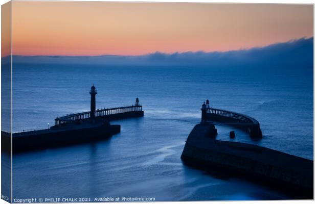 Whitby pier sunset 541 blue golden hour  Canvas Print by PHILIP CHALK
