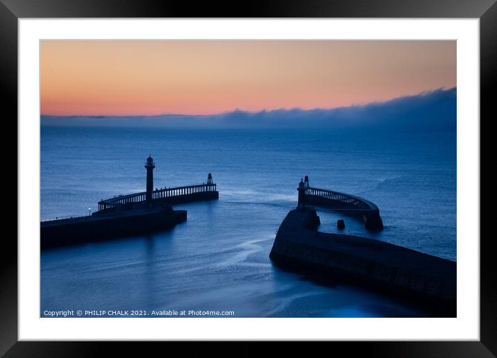 Whitby pier sunset 541 blue golden hour  Framed Mounted Print by PHILIP CHALK