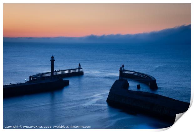 Whitby pier sunset 541 blue golden hour  Print by PHILIP CHALK