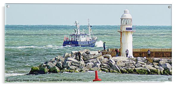 A Cold And Windy Breakwater Acrylic by Peter F Hunt