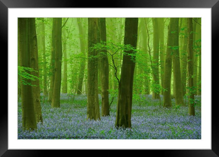 bluebells in the mist Framed Mounted Print by Simon Johnson