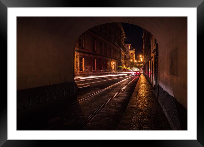 Smetanovo Nabrezi Passage in Prague at Night Framed Mounted Print by Dietmar Rauscher